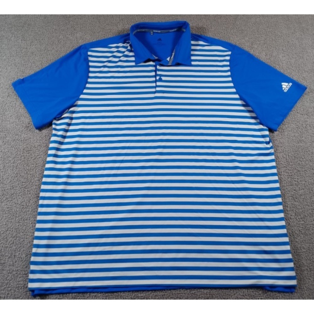 Adidas Golf Polo Shirt Men 2XL Blue White Striped‎ Performance Short Sleeve